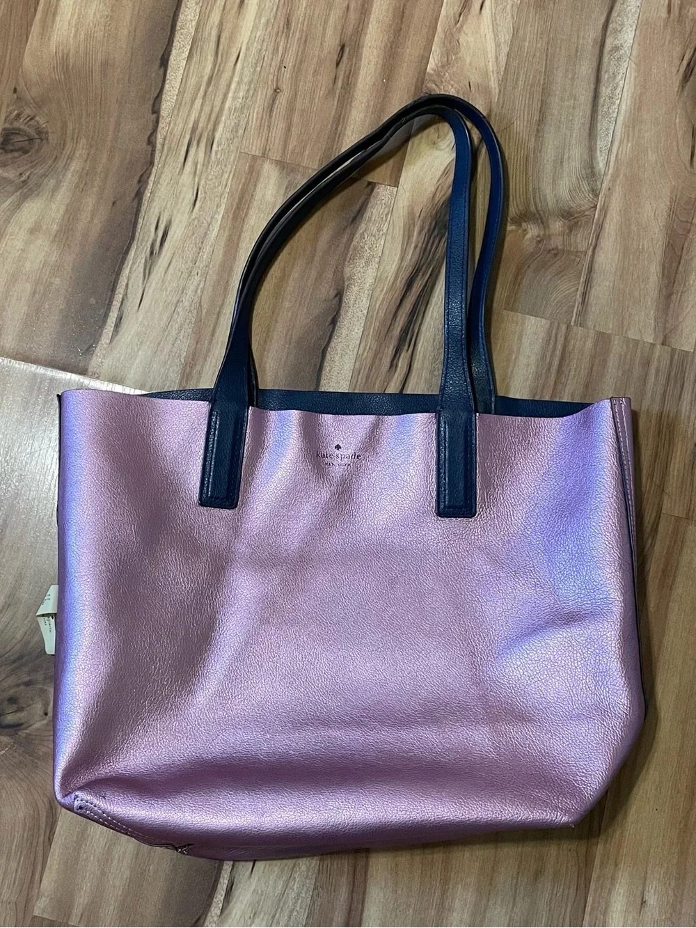 Kate Spade New York Reversible Metallic Pink / Navy Leather Tote Bag Large